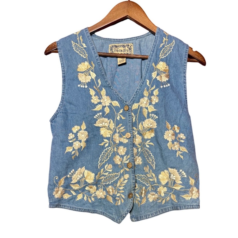 VTG Tantrum Blues Women Small Embroidered Denim Vest Blue Floral Boho Cotton